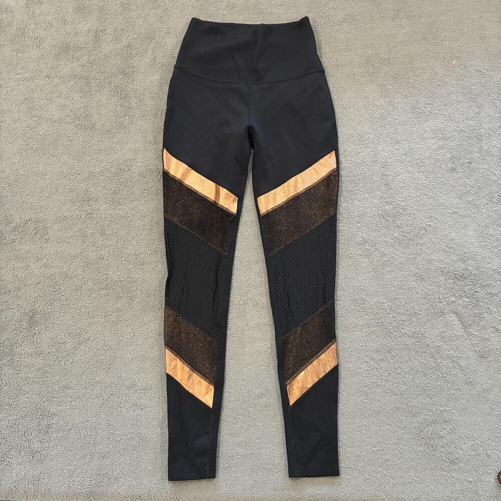 Beyond Yoga Black Gold Striped Athletic High Waisted Leggings Women's Size Small
